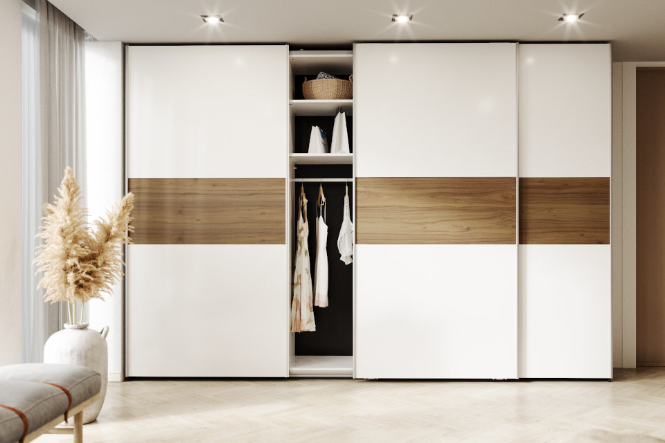 Wardrobe with sliding doors in cream white and natural walnut